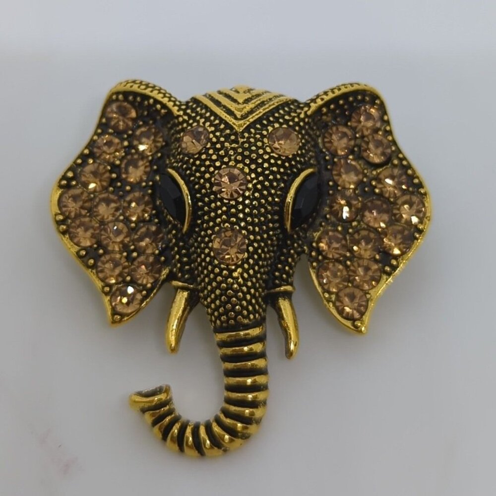 Ganesh Elephant Rhinestone Brooch Antiqued-Gold Tone With Pin Back Closure